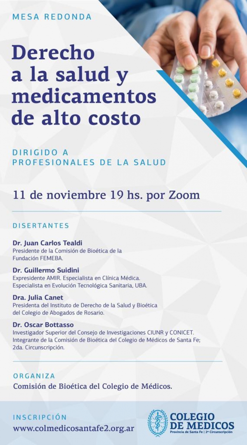 El Instituto de la Salud y Bioética invita a la actividad organizada por la Comisión de Bioética del Colegio de Médicos